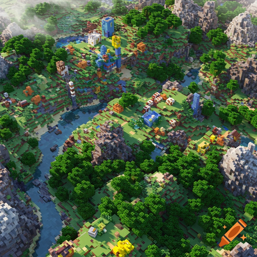 Isometric top-down view of a vibrant blocky world with green landscapes, rivers, mountains, and colorful block structures, resembling Minecraft.
