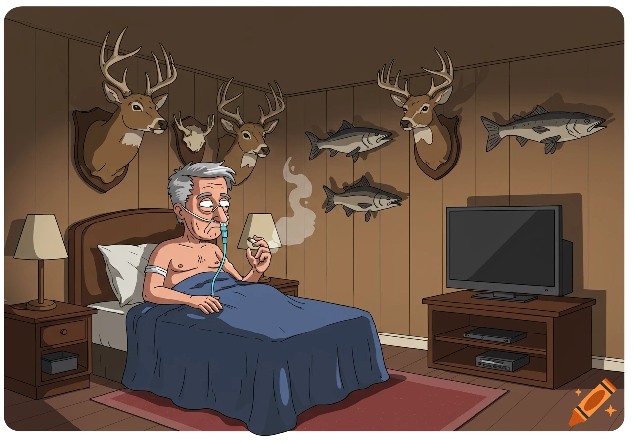A cartoon of an old man with an oxygen tube in his nose smoking a cigarette in bed, surrounded by deer and fish taxidermy.