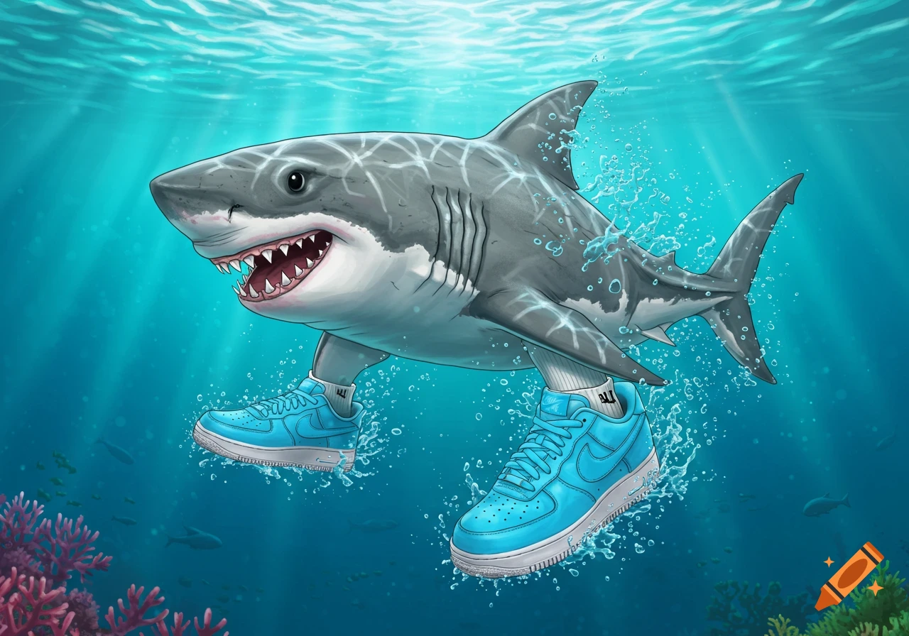 A cartoon illustration of a grey shark wearing blue sneakers with white socks, swimming underwater amidst sunlight rays and coral.