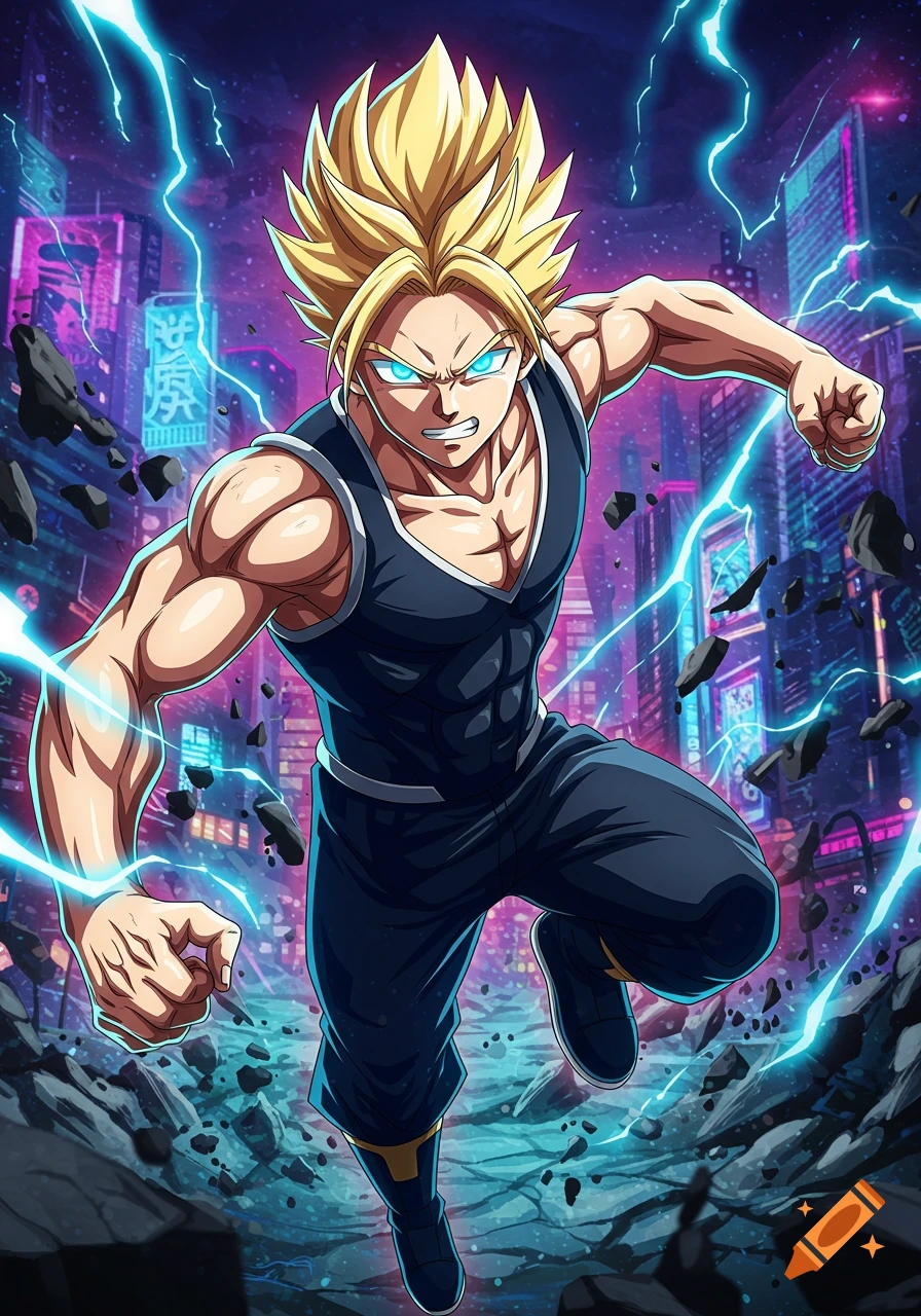 Anime male character with blonde spiky hair and glowing blue eyes, powering up in a cyberpunk city with lightning and debris.