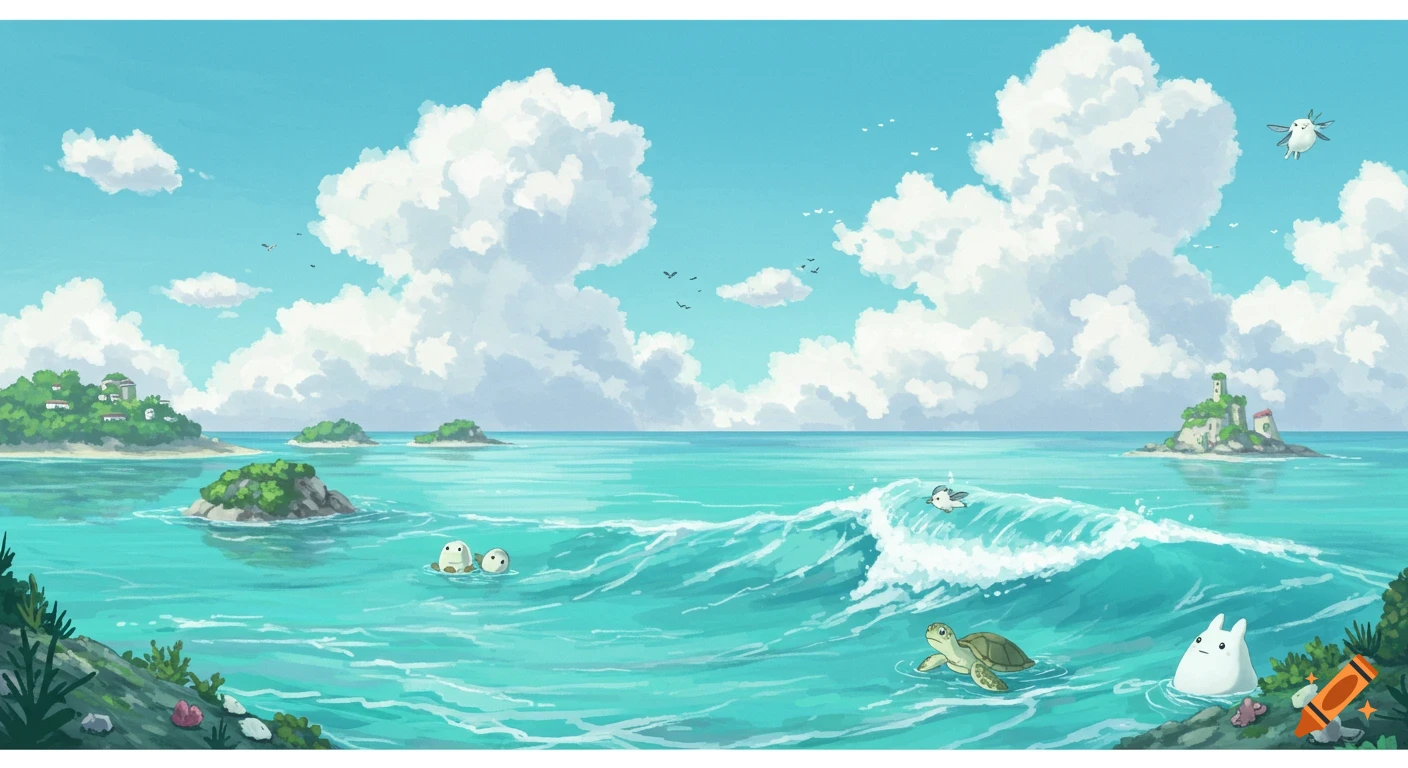 A vibrant anime landscape of a turquoise ocean with islands, fluffy clouds, a turtle, and whimsical creatures.