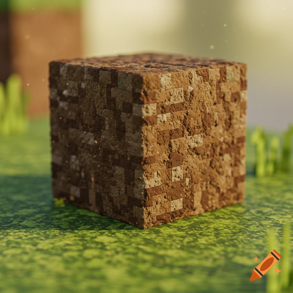 A realistic rendering of a Minecraft dirt block with detailed textures, sitting on green ground.