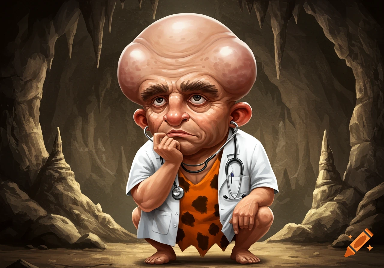 A cartoonish caveman doctor with an oversized head, wearing a lab coat and animal print tunic, squats in a cave doing the thinker pose.