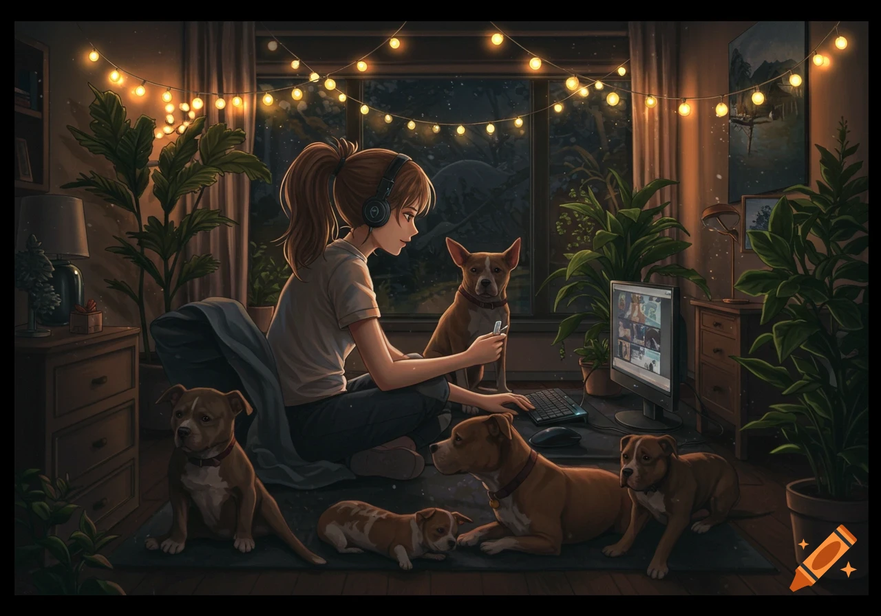 Anime girl with headphones on, streaming on a computer in a cozy room with fairy lights, surrounded by four dogs and plants.