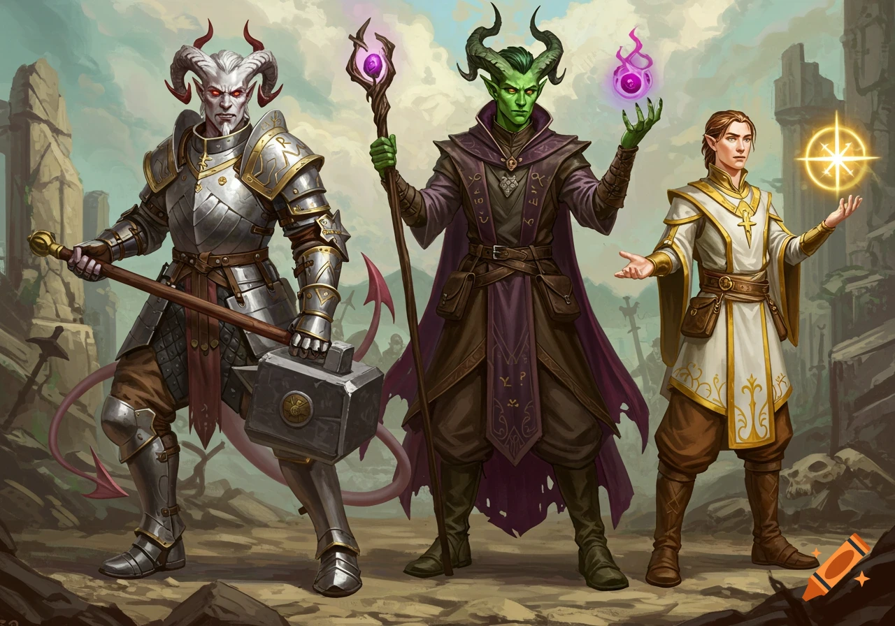 A white tiefling fighter, a green tiefling warlock, and a human cleric stand in a ruined landscape, in a detailed fantasy art style.