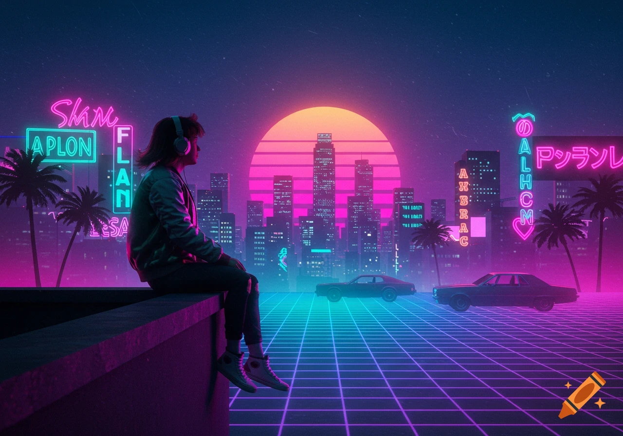 A person in headphones sits on a rooftop ledge overlooking a vibrant, neon-lit retro-futuristic city at sunset with gridlines.