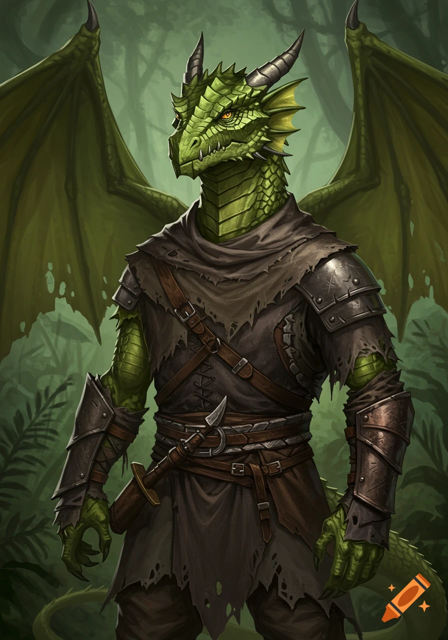 A detailed portrait of a green humanoid dragon in tattered armor standing in a forest.