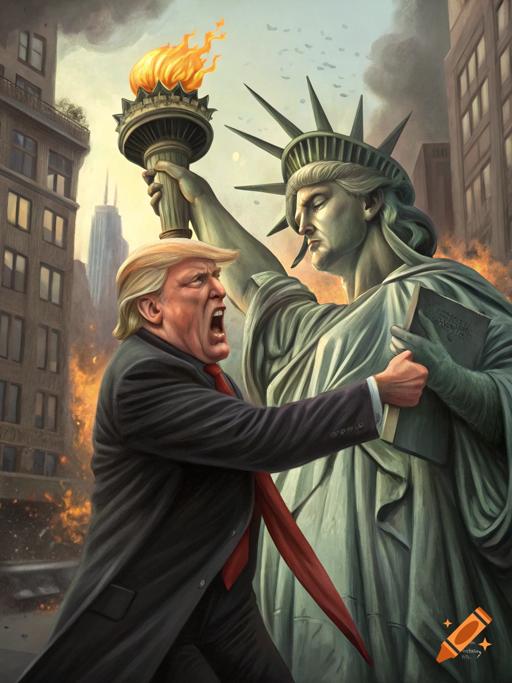 A stylized digital painting depicts an enraged Donald Trump lunging towards a stoic Statue of Liberty amidst a city landscape with fires.