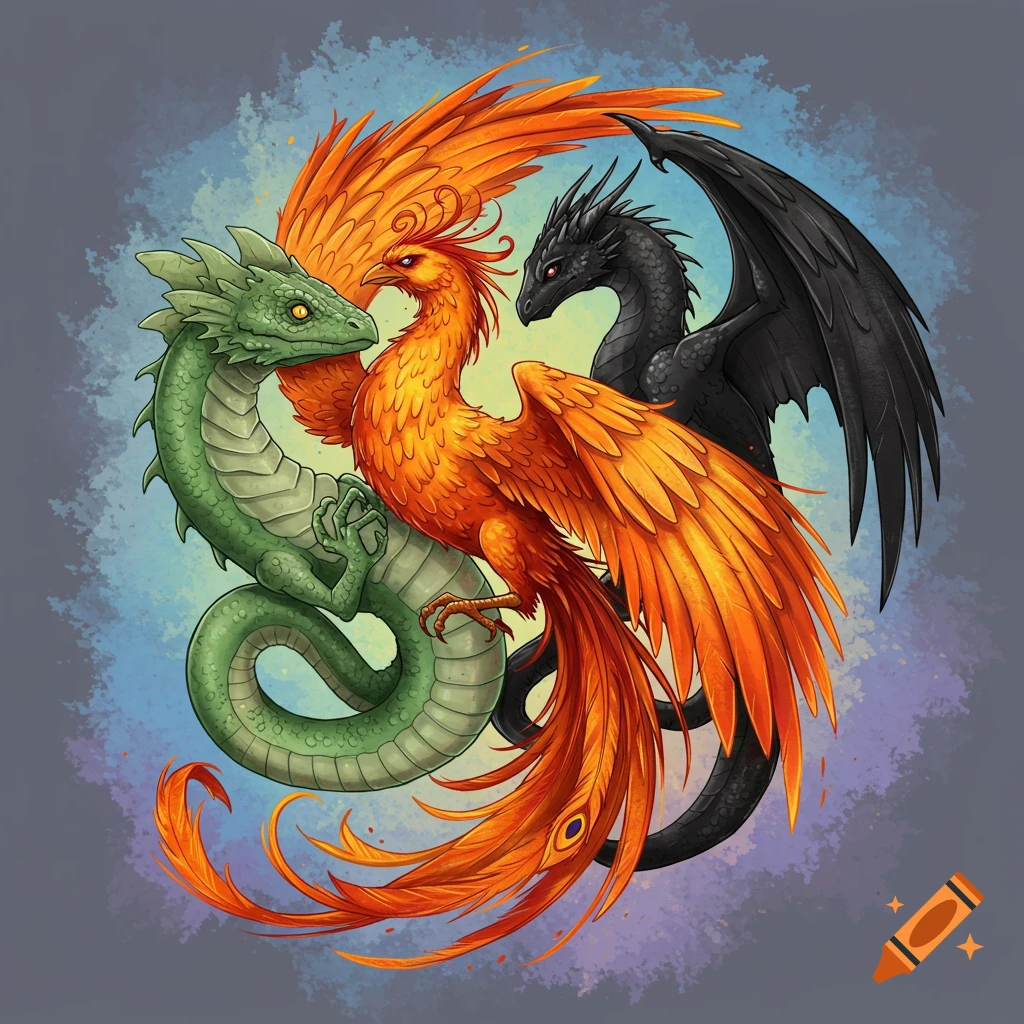 A stylized circular design featuring a green dragon, an orange phoenix, and a black dragon intertwined in a watercolor and fine line style.