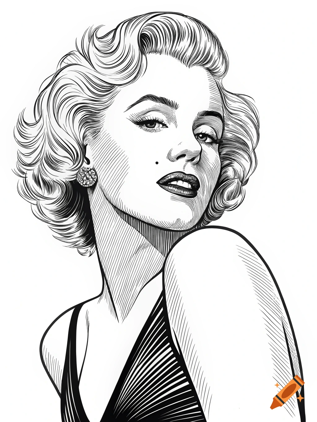 Black and white line art portrait of Marilyn Monroe in a classic pose, looking over her shoulder.
