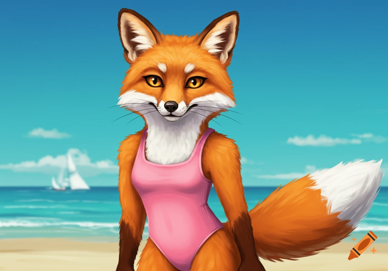 An illustrated fox wearing a pink one-piece swimsuit stands on a sandy beach with the ocean and sailboats in the background.
