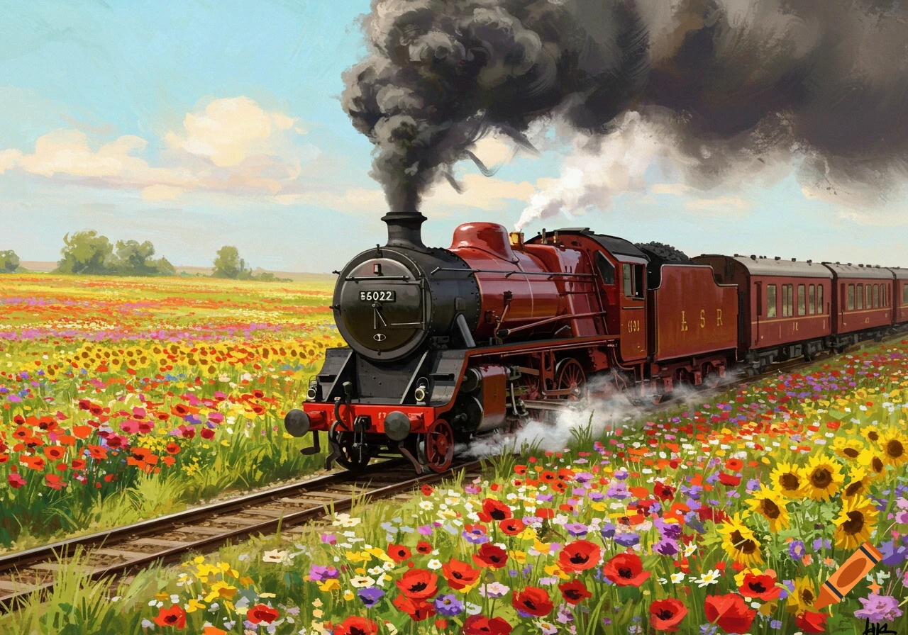 A vibrant painting of a red steam locomotive chugging through a field of colorful wildflowers and sunflowers under a blue sky.