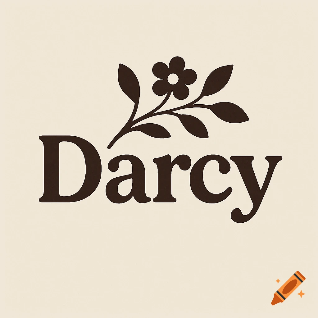 Minimalist brown logo for the name Darcy with a floral branch design.