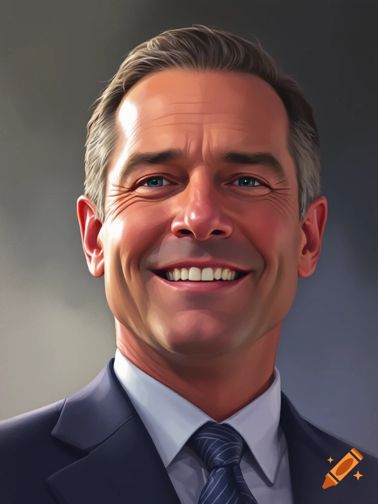 A digitally painted portrait of a smiling man in a dark suit and striped tie.
