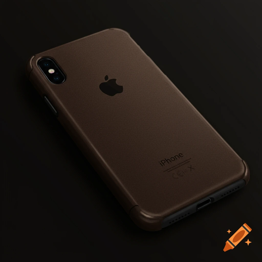 A photorealistic image of the back of a brown leather iPhone XS Max case on a dark background.