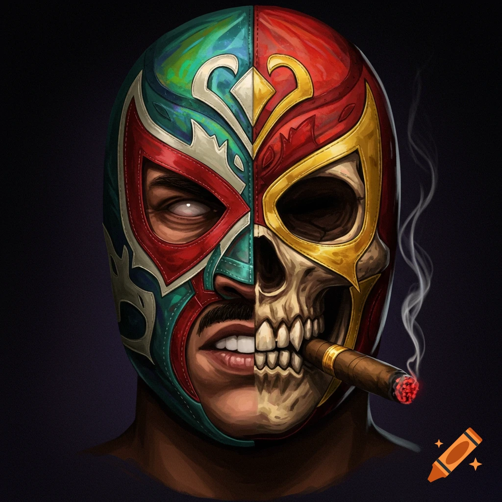 A half-luchador, half-skull wearing a colorful mask, smoking a cigar, in a digital art style.