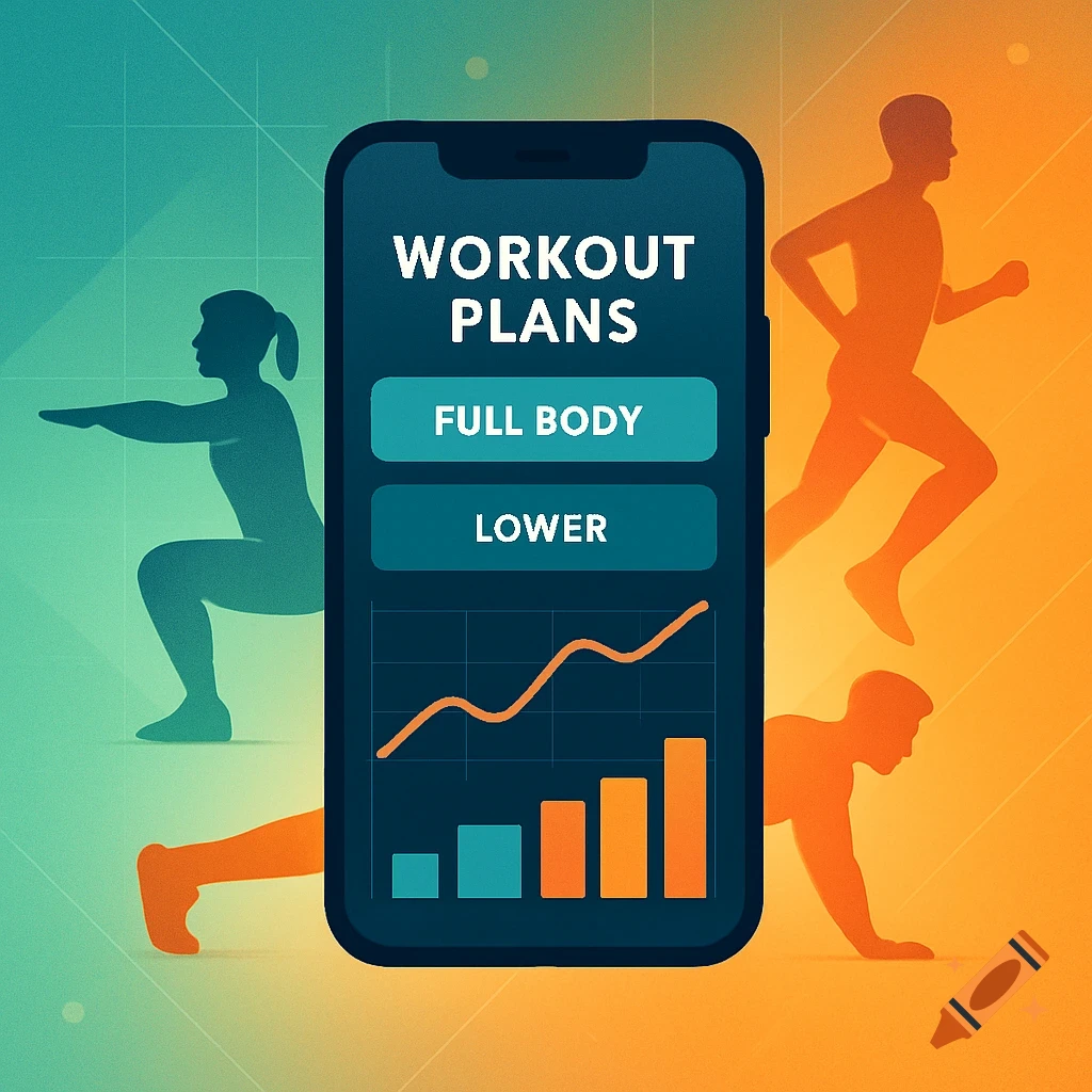 A smartphone displaying a workout app with 'WORKOUT PLANS', 'FULL BODY', and 'LOWER' text, flanked by silhouettes of people exercising.