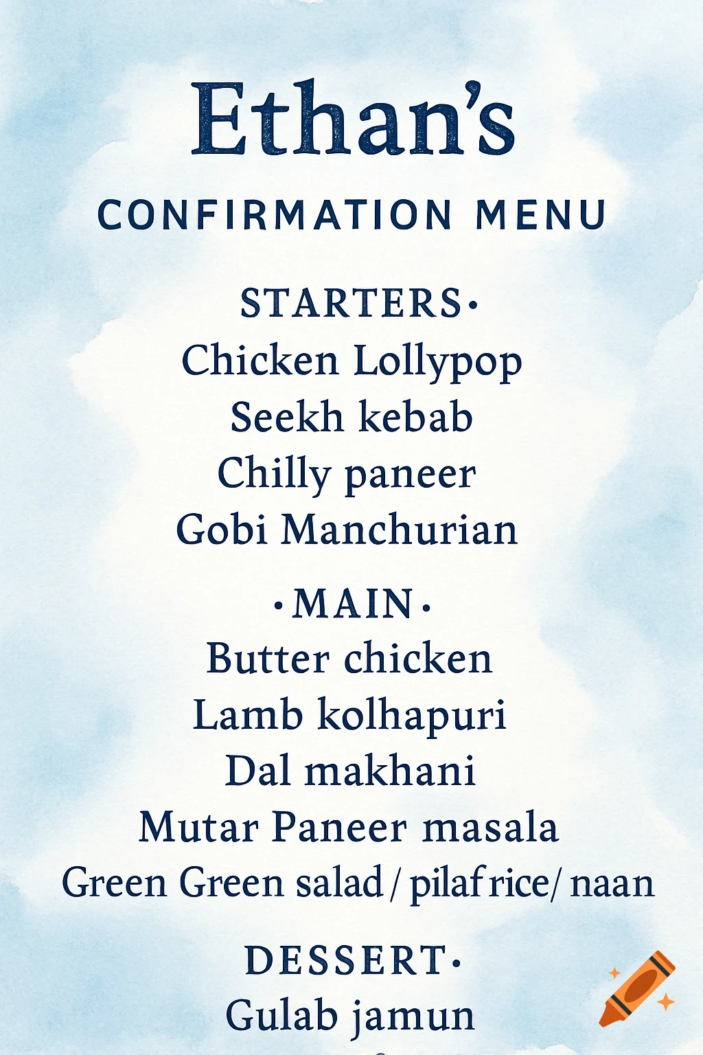 A light blue and white watercolor-themed menu titled "Ethan's Confirmation Menu" listing Indian dishes like Chicken Lollypop, Butter chicken, and Gulab jamun.