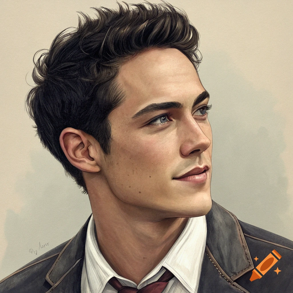 A realistic portrait of a young man with dark hair, looking up and to the right, wearing a white shirt and red tie.