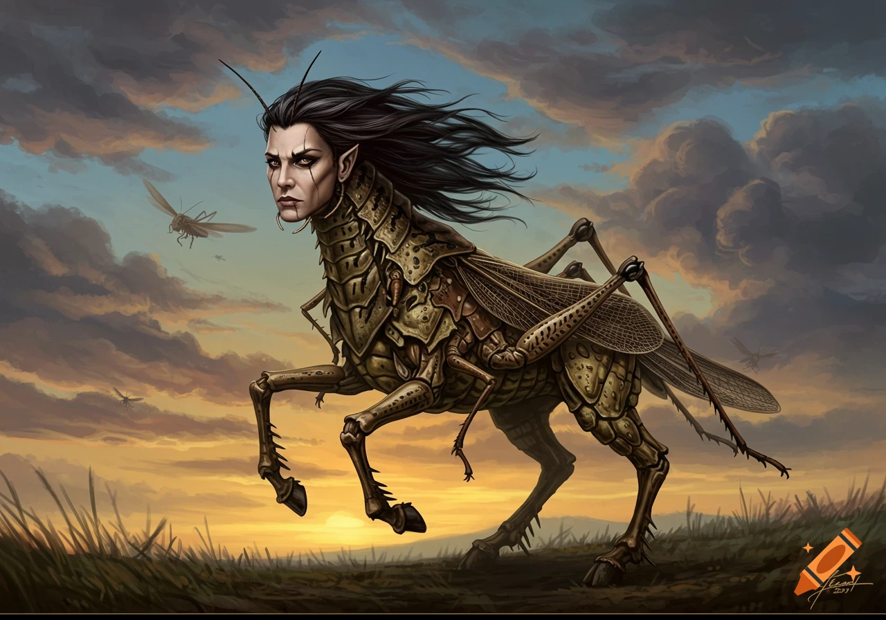 A fantasy illustration of a human-faced creature with long dark hair and a locust-like body, standing in a grassy field at sunset as other locusts fly.
