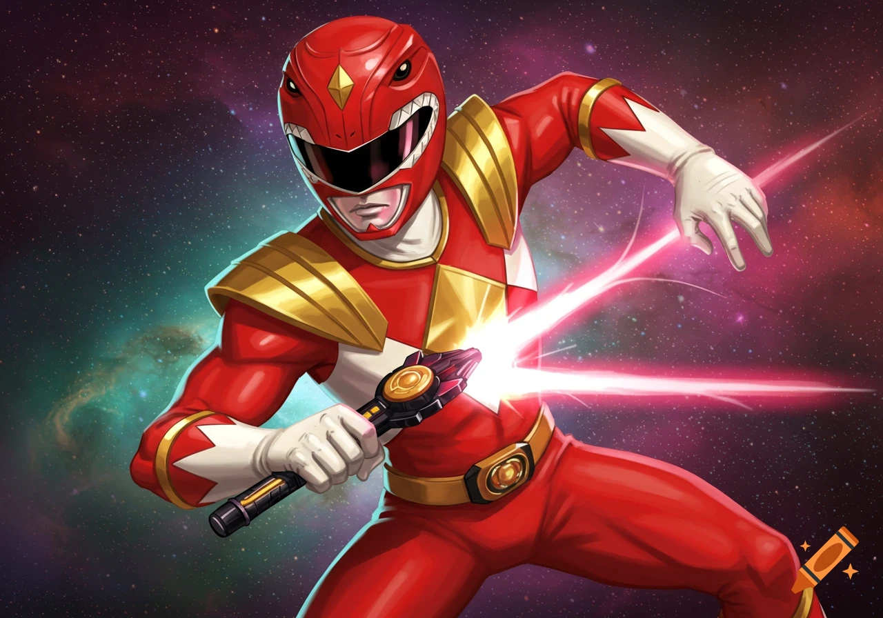 A red Power Ranger in action, holding a weapon with a pink energy beam, against a cosmic background.
