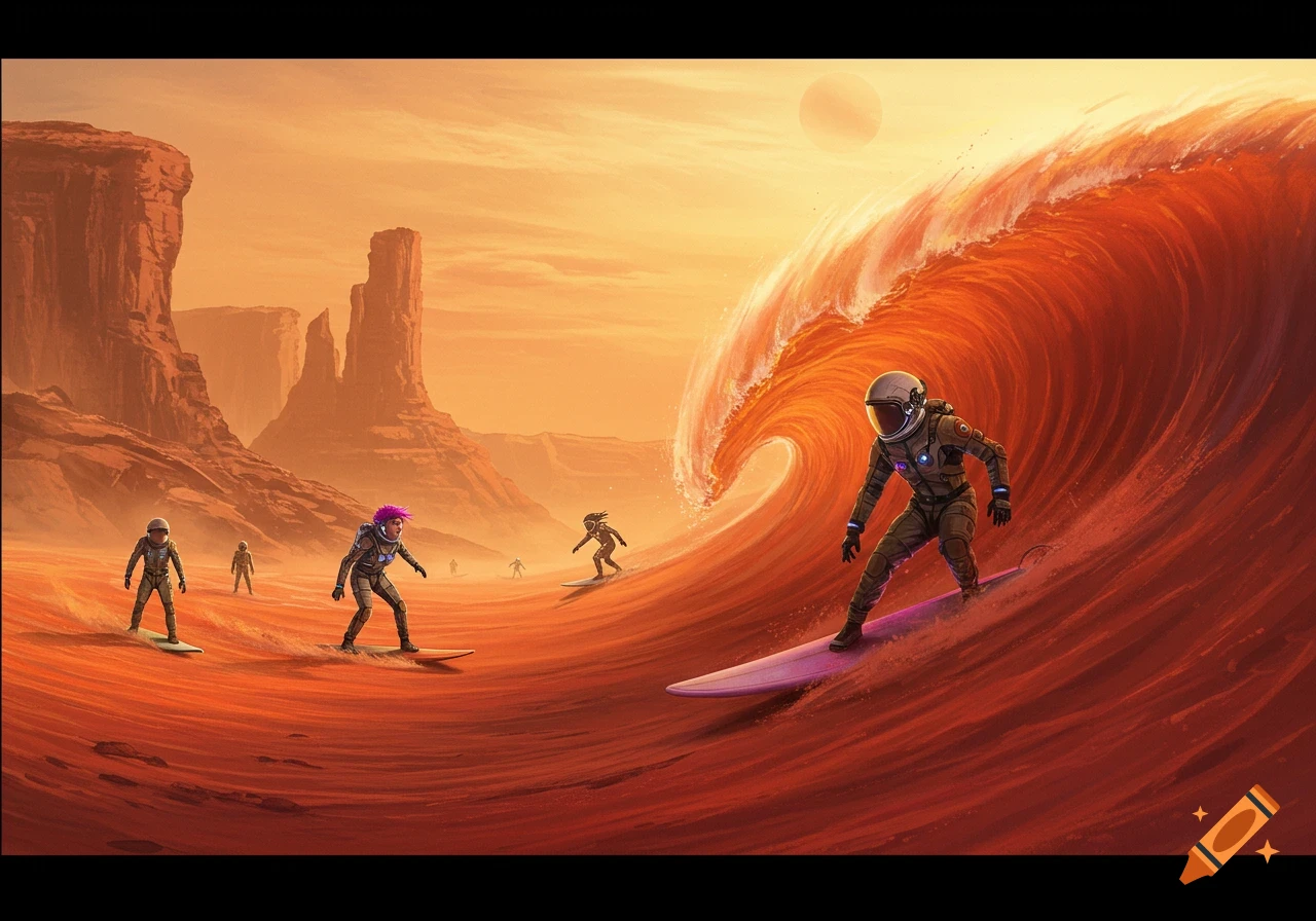 Astronauts surf large red waves on a Martian landscape under an orange sky with mesas in the background.