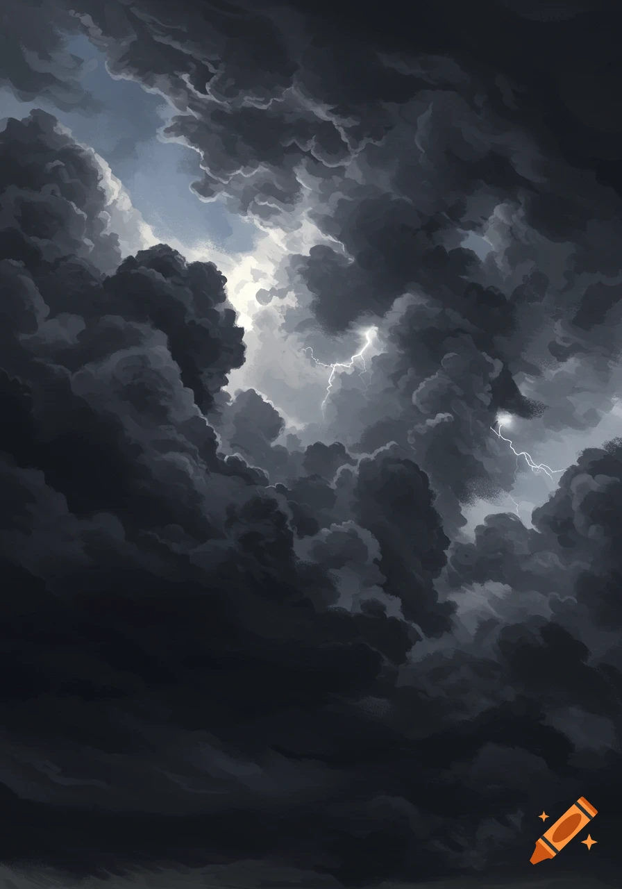 Dark, dramatic storm clouds with lightning striking through an opening, rendered in an illustrative style.