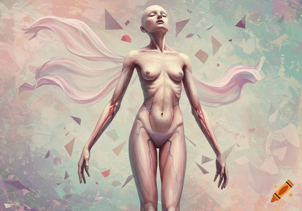A digital painting of a nude, emaciated female figure with visible veins and a pink cloth, against an abstract background of shattered shapes.