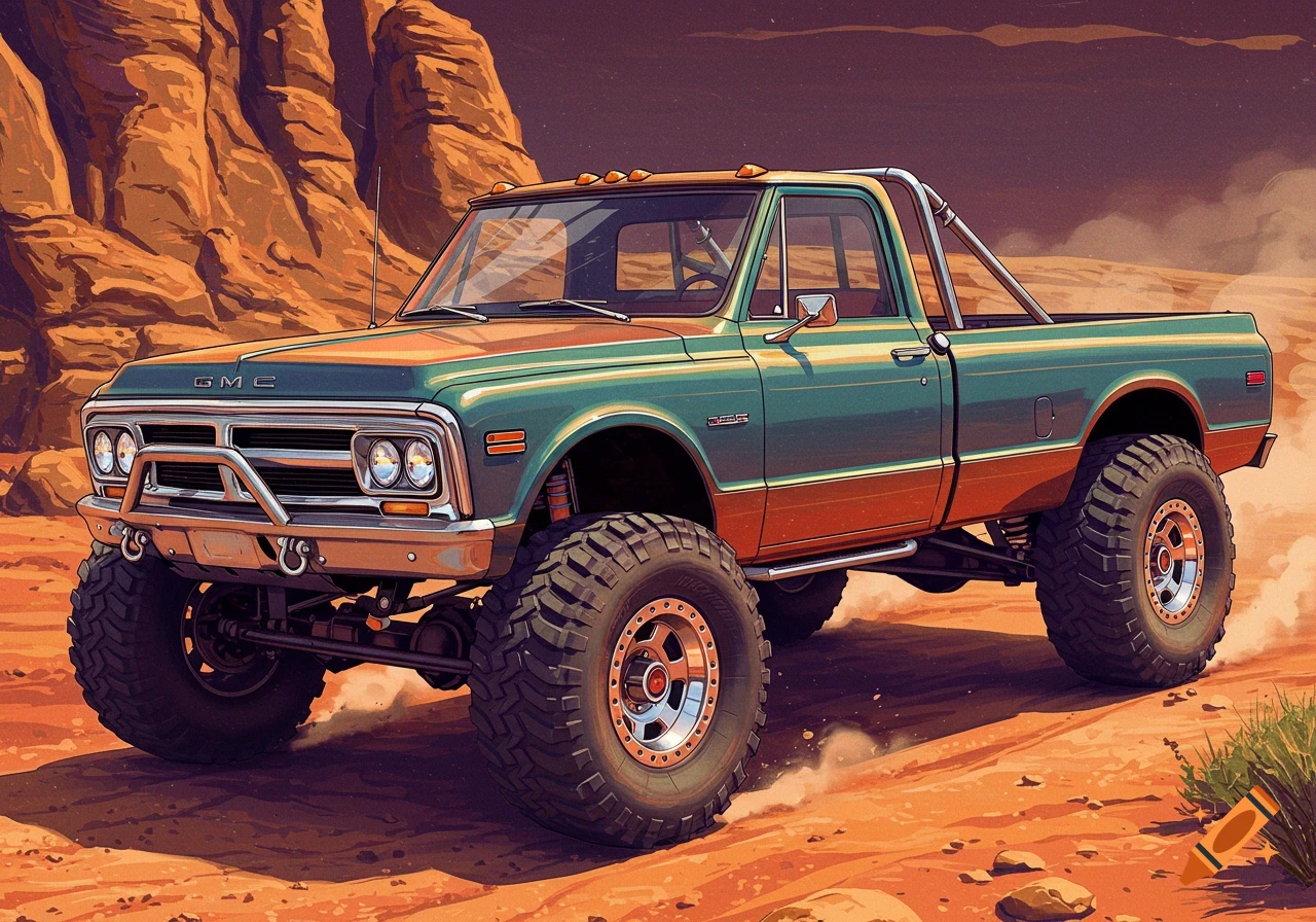 A classic green and orange lifted GMC pickup truck with large tires drives on a sandy, rocky desert path under an orange sky.