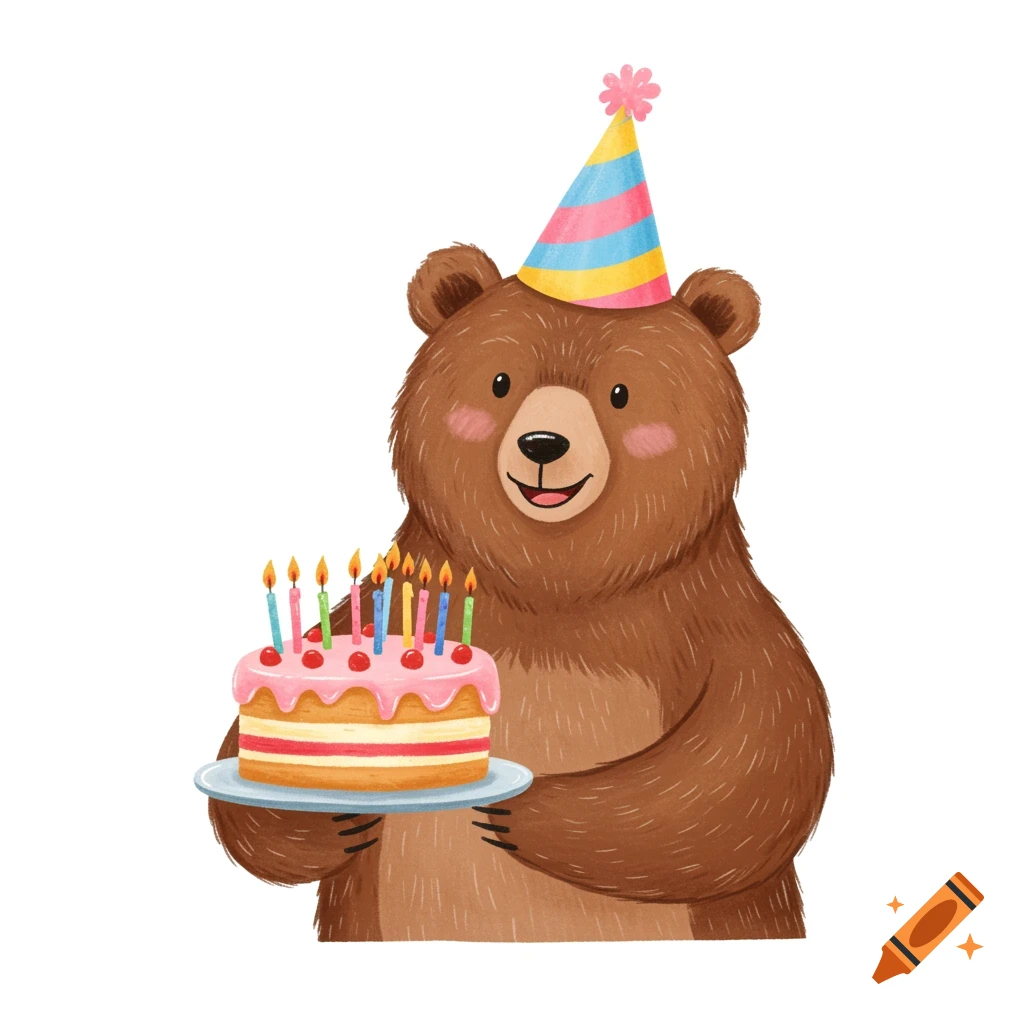 Digital watercolor illustration of a cute brown bear wearing a striped party hat and holding a birthday cake.
