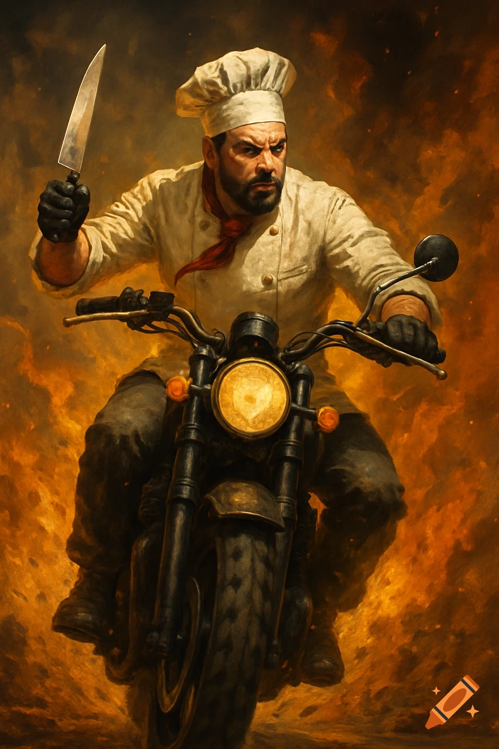 A dramatic painting of an angry chef in a white uniform and red cravat, holding a knife, riding a motorcycle through a fiery, smoke-filled landscape.