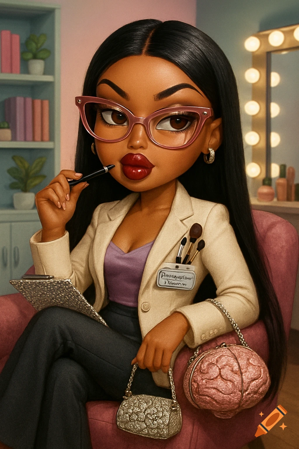 A glamorous, stylized Bratz doll-inspired character in a blazer and glasses, holding a pen and a unique brain-shaped purse in a chic office setting.