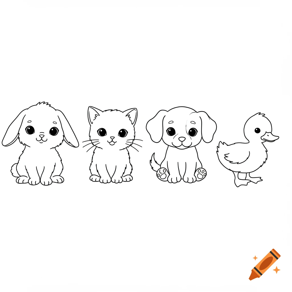 Black and white line art illustration of a cute rabbit, cat, dog, and duck.