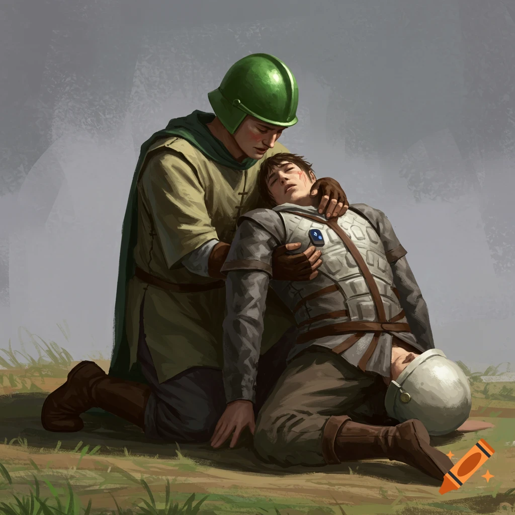 A medieval knight in a green helmet kneels, holding a wounded warrior in grey armor. The scene is set outdoors with a painted art style.