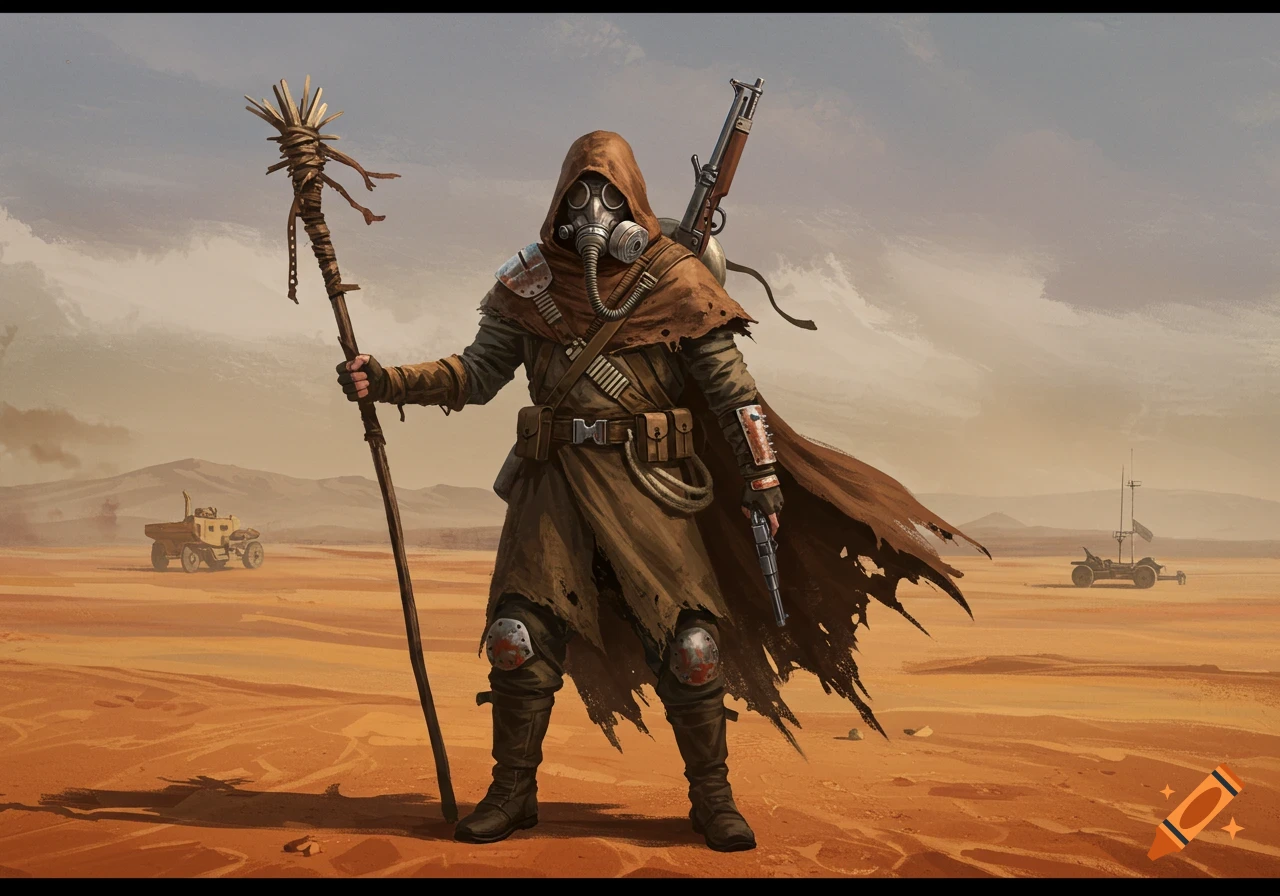 A cloaked wanderer in a gas mask stands in a desert wasteland, holding a staff and a gun. Post-apocalyptic digital art.
