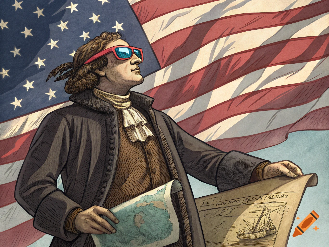 Christopher Columbus wearing red and blue pit viper sunglasses, holding maps, in front of a waving American flag. Illustration style.