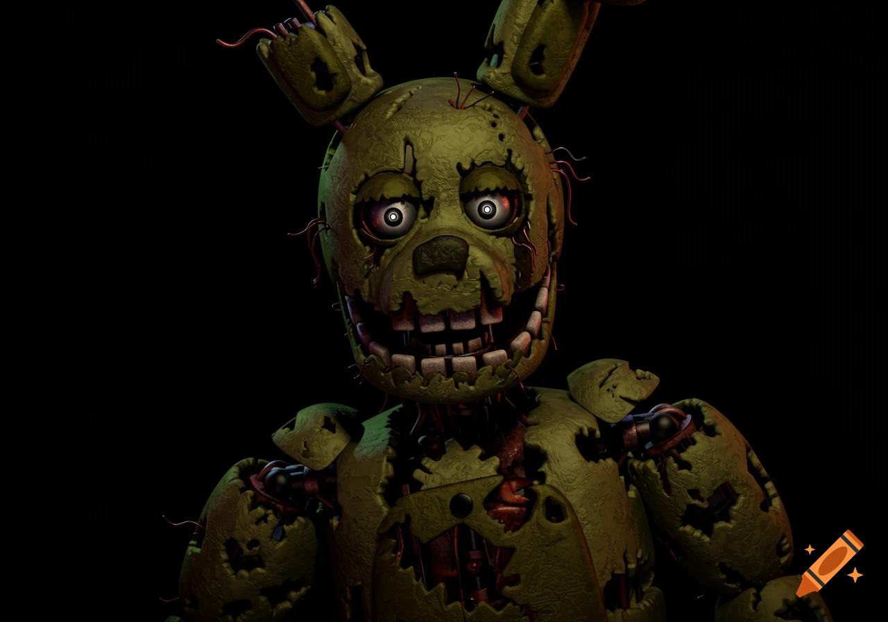A close-up of Springtrap, a green, decayed rabbit animatronic with glowing eyes, against a dark background in a photorealistic 3D style.
