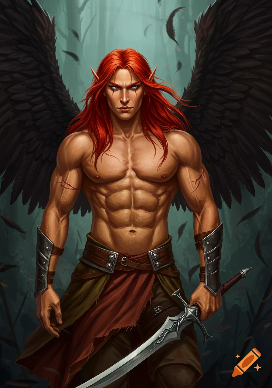 A muscular male high elf with long red hair and black feathered wings stands in a forest, holding a sword.