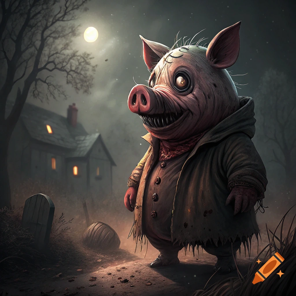 A creepy pig creature with sharp teeth and large eyes, wearing a coat, stands on a dark path under a full moon, with a house in the background.