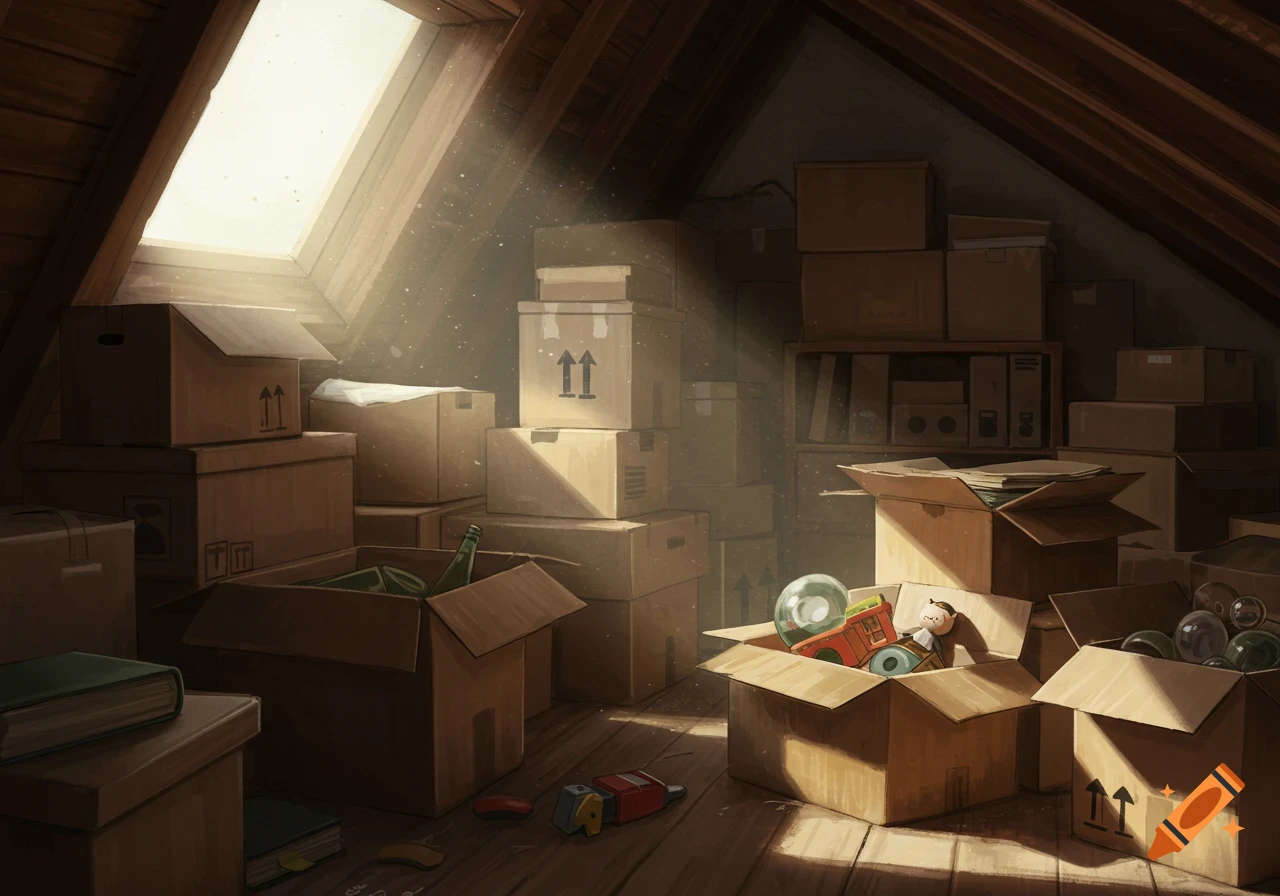A sunny attic filled with various cardboard boxes, some open to reveal old toys and items, with light streaming from a skylight.