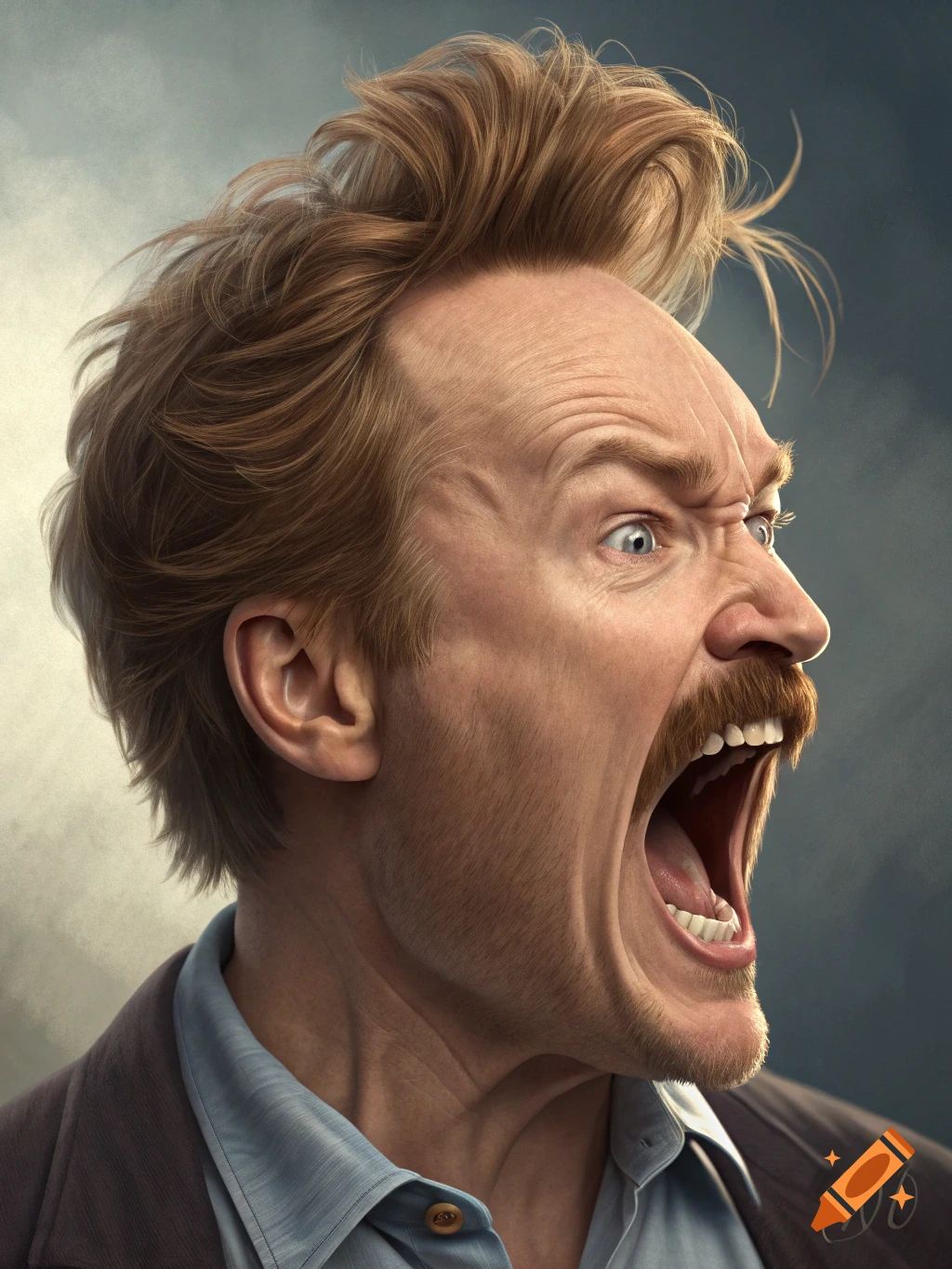 Close-up photorealistic portrait of an angry, mustached man with red hair screaming.