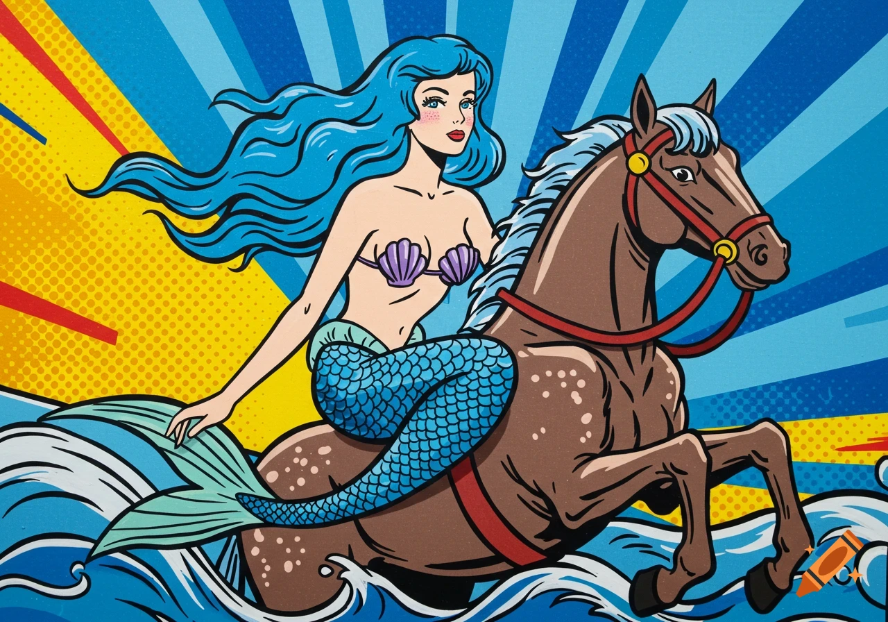 A pop art style illustration of a mermaid with blue hair and a seashell bra riding a brown horse through blue waves.