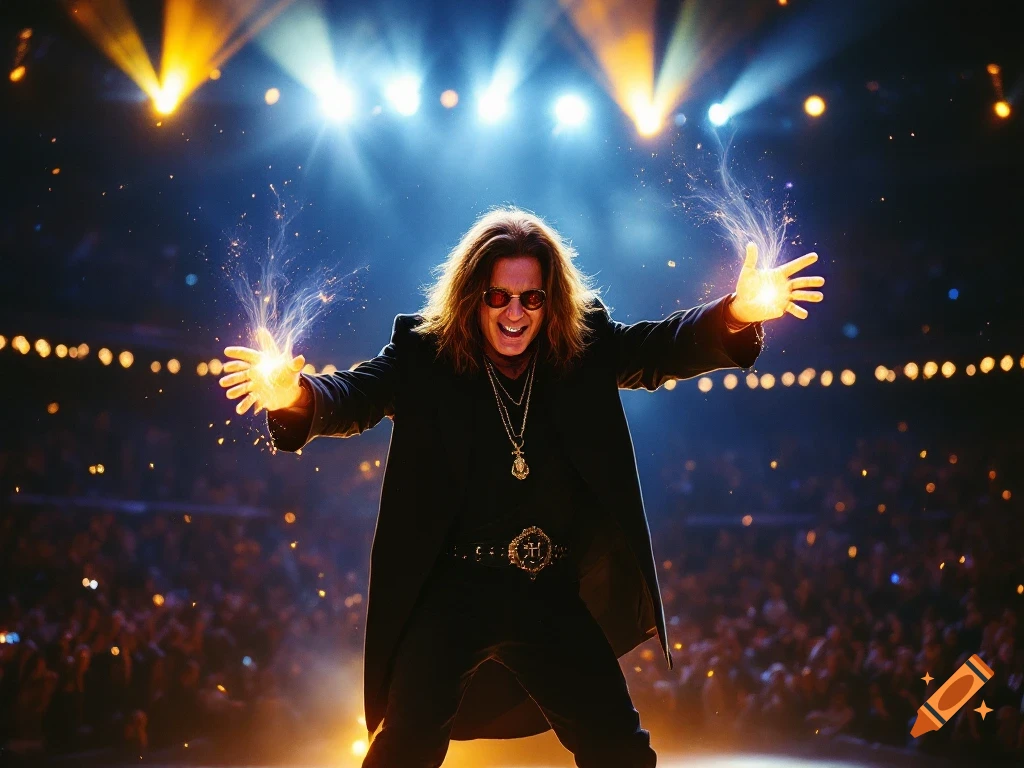 Ozzy Osbourne on a concert stage, hands glowing with golden energy, in a large stadium.