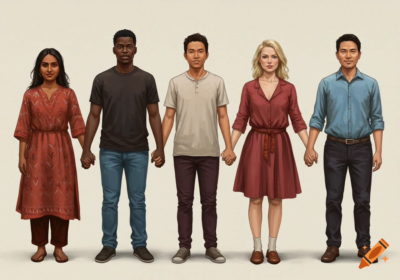 An illustration of five diverse people standing in a line and holding hands, facing forward.