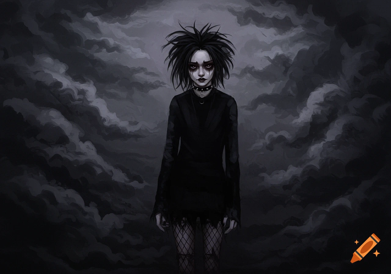Illustration of a goth person with messy hair and dark makeup, dressed in black, standing against dark, cloudy skies.