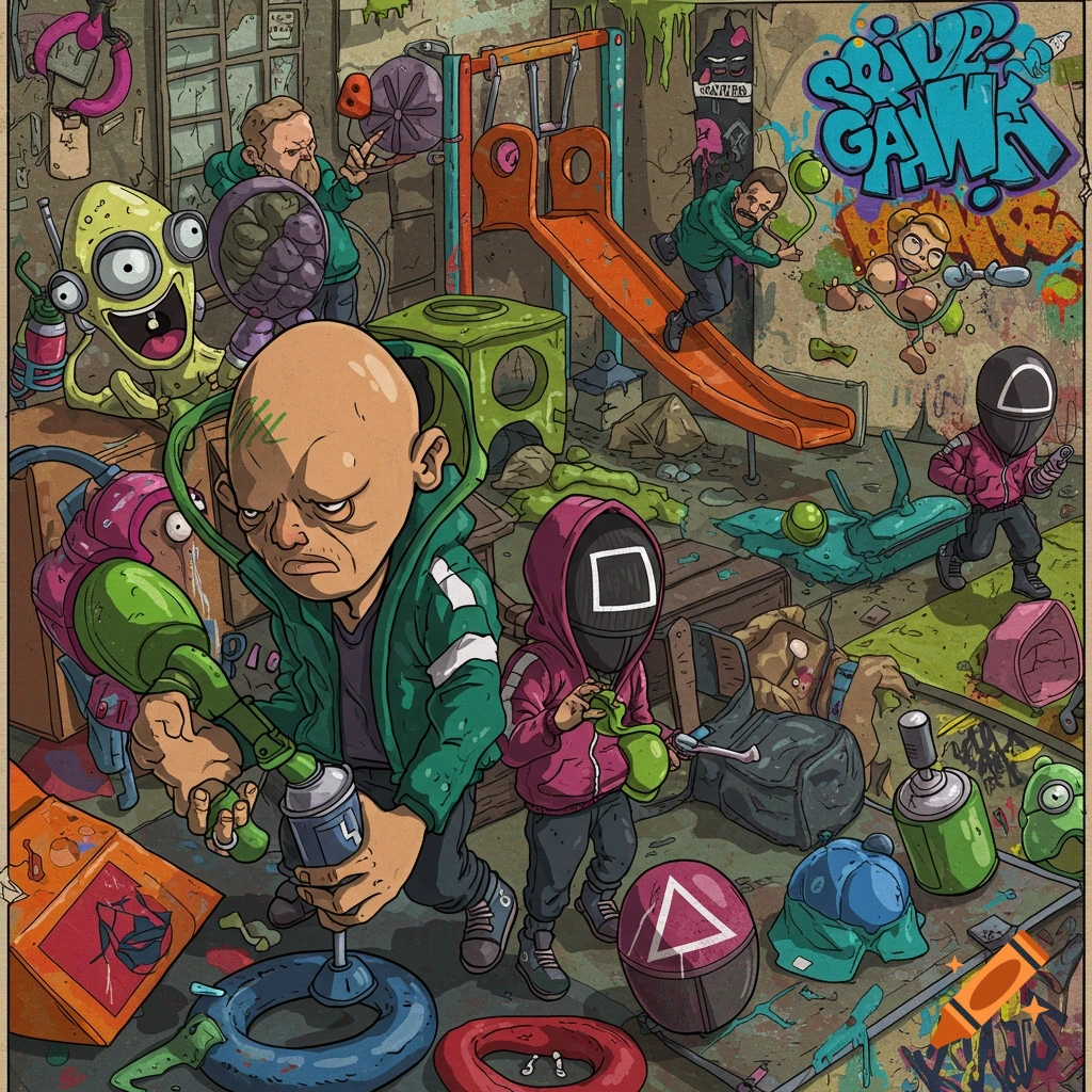 A cartoon illustration in graffiti style depicting characters from Squid Game in a dilapidated playground with graffiti on the walls.