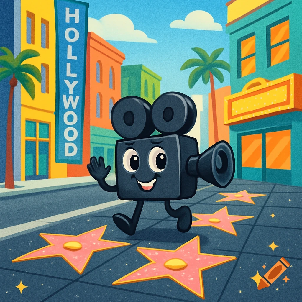 A cartoon film camera character walks on the Hollywood Walk of Fame with stars on the sidewalk and colorful buildings in the background.