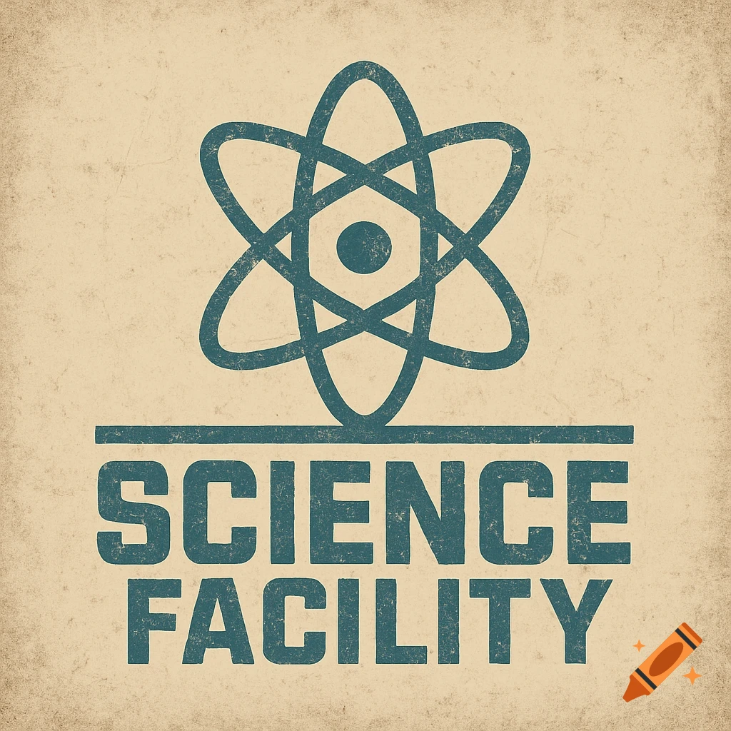 A vintage-style logo for a science facility, featuring an atom symbol above the words SCIENCE FACILITY on a distressed beige background.