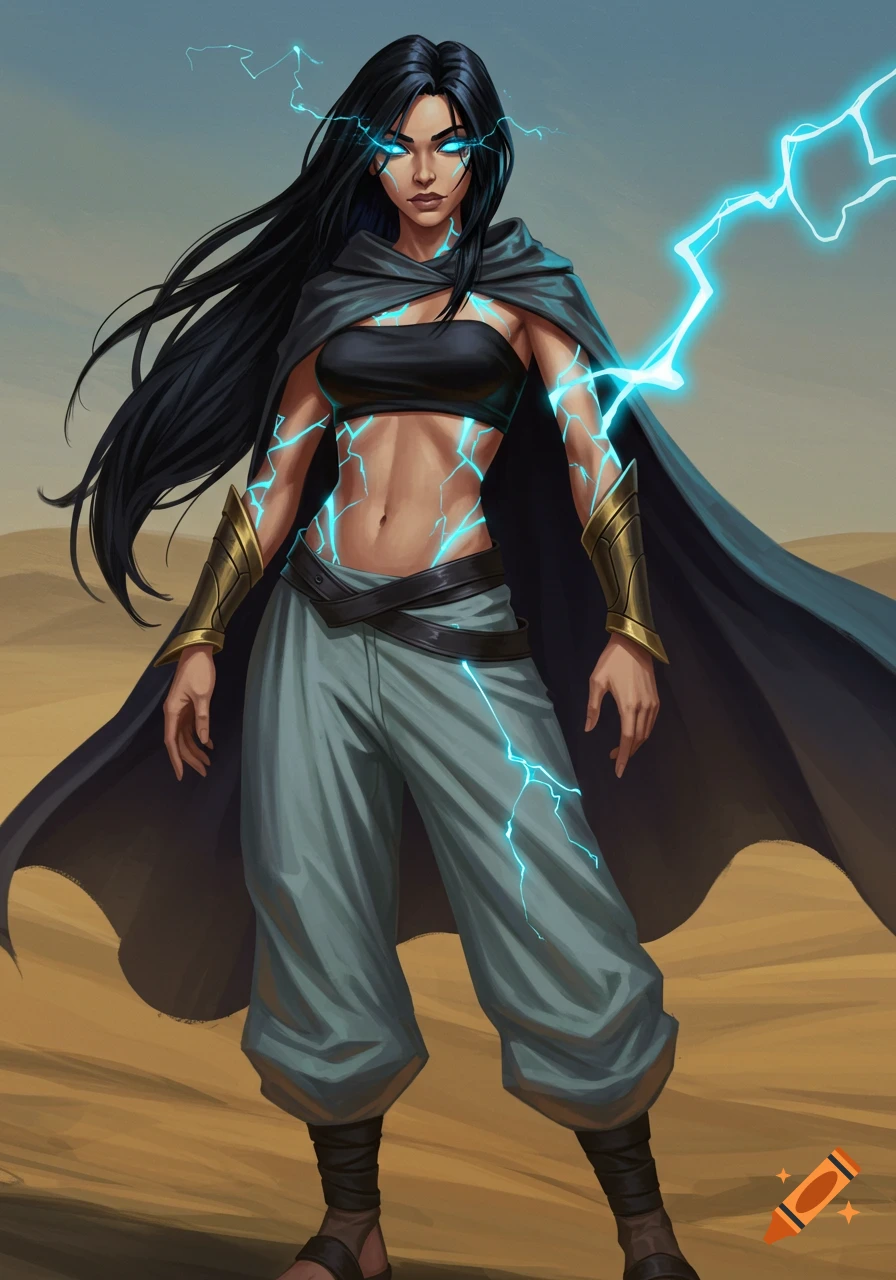 A female fantasy character with glowing blue eyes and crackling electricity on her skin, wearing a black top and dark cloak, stands in a desert.