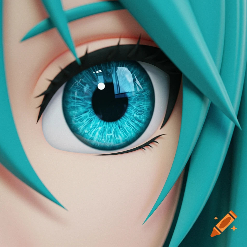 Close-up of a vibrant blue anime eye with a light-skinned face and turquoise hair.